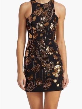 Milly Black Mini Dress with Gold Sequin Floral Embroidery